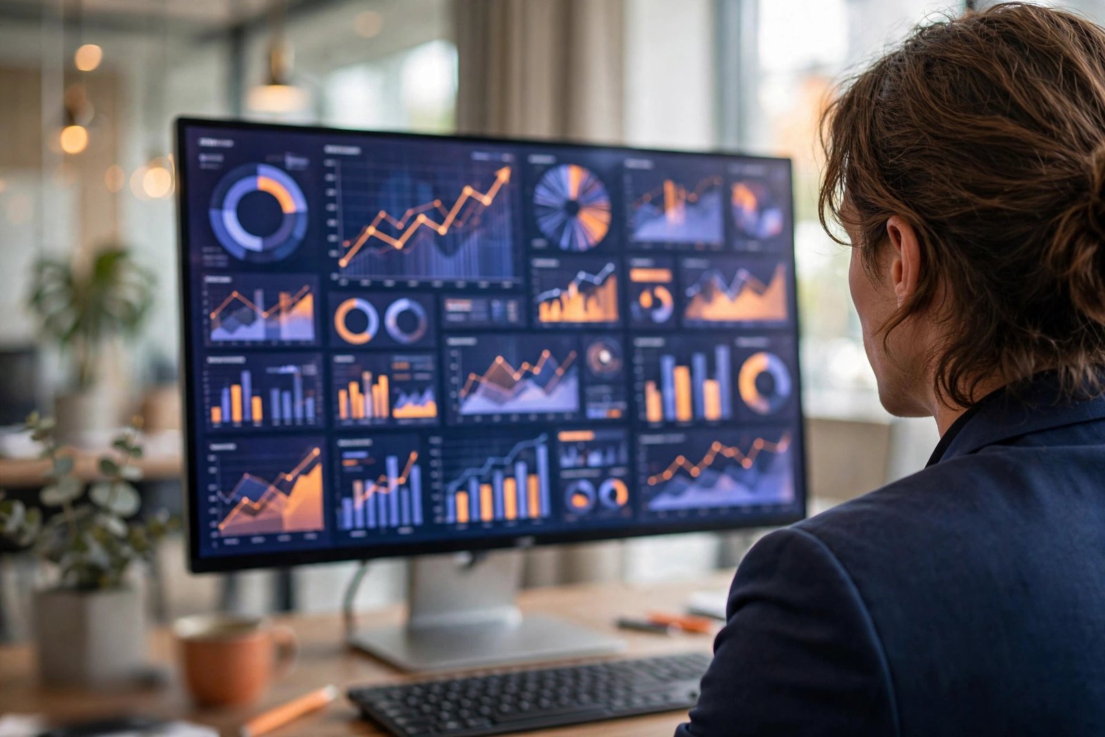 Marketing strategist reviewing analytics dashboards and growth charts