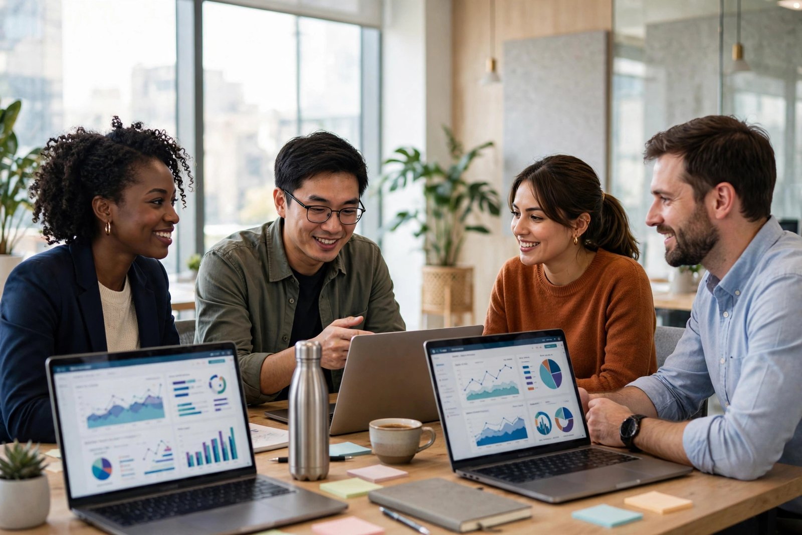 Marketing professionals collaborating in a modern workspace