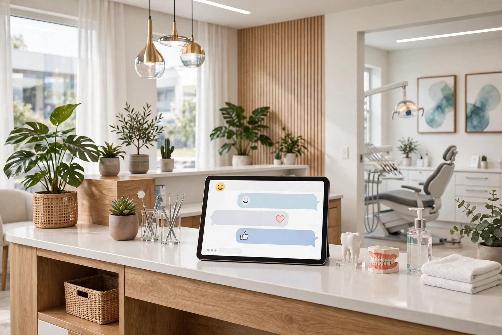 Dental chatbot on a clinic tablet answering patient questions
