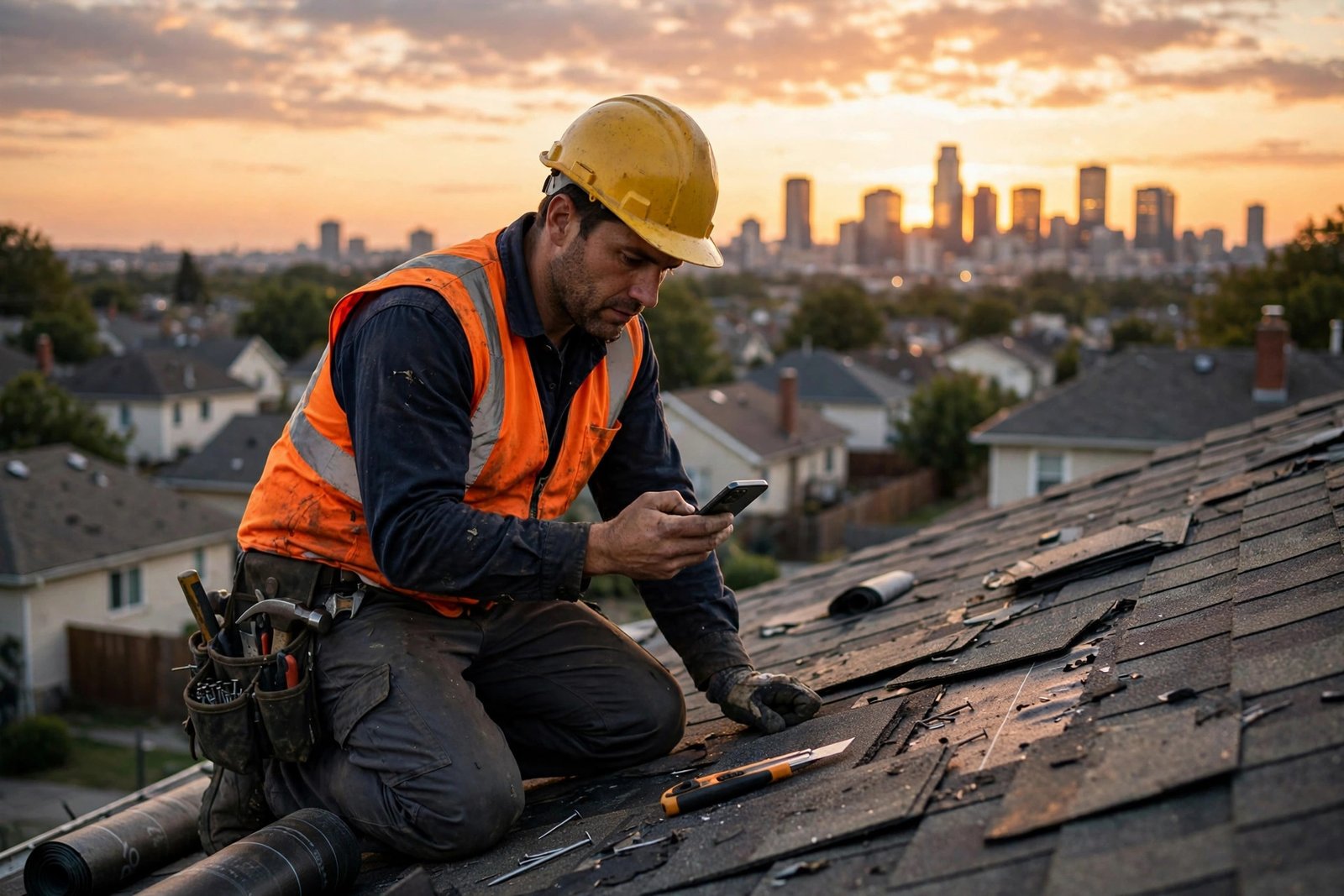 Email marketing for roofers: contractor checking a phone on a rooftop